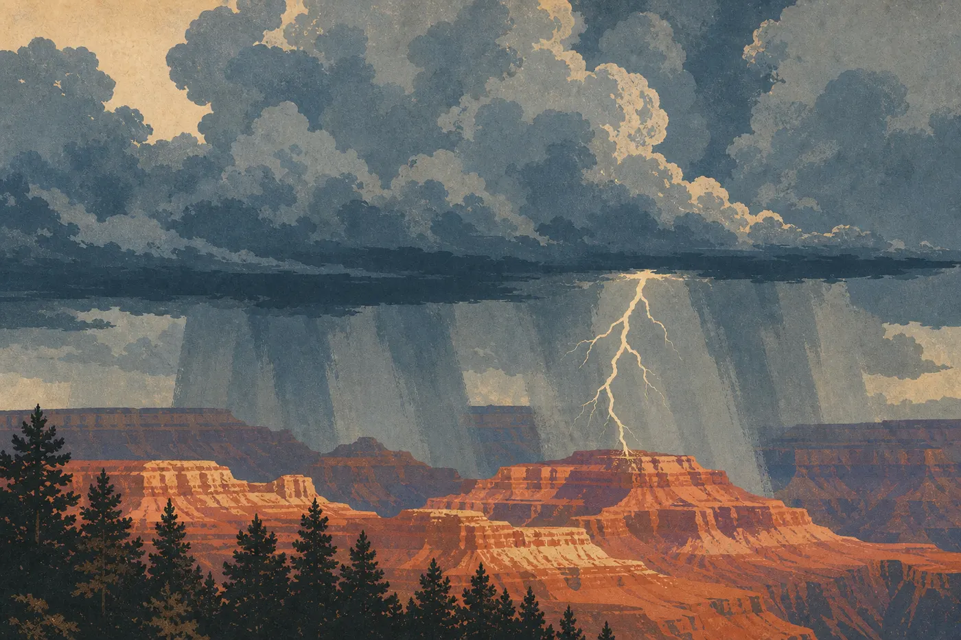Screen-printed illustration: A monsoon storm sends lightning and curtains of rain above the South Rim in summer.