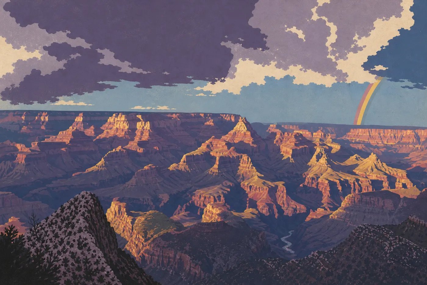 Screen-printed illustration: The setting sun lights up the rock temples and the Colorado River below Hopi Point.