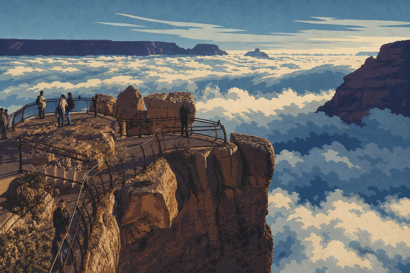 Illustration sérigraphiée : Une mer de nuages remplit le canyon sous un ciel clair lors d’une spectaculaire inversion hivernale.
