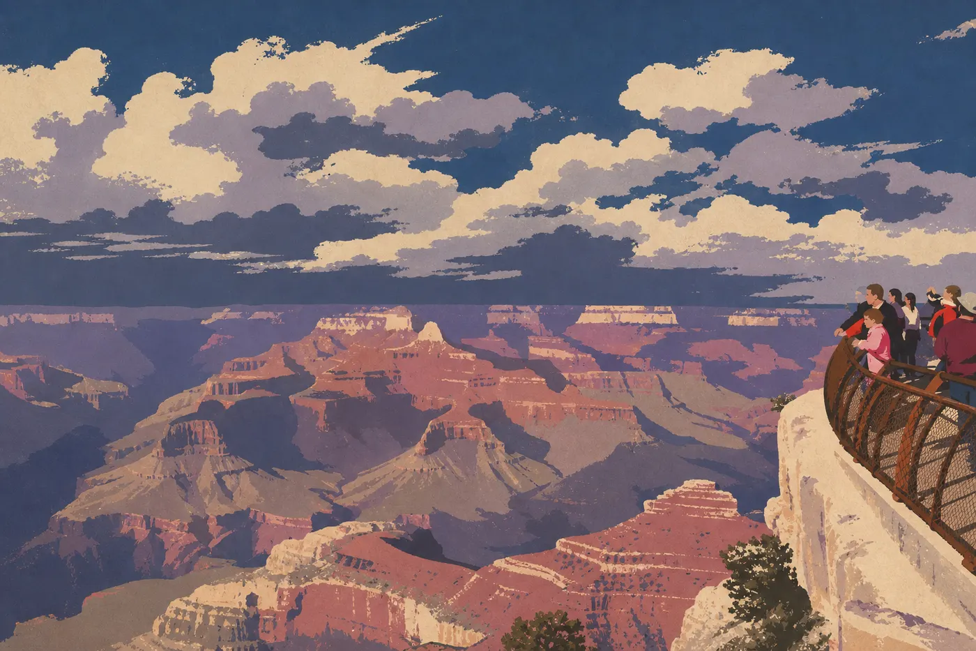 Illustration sérigraphiée : Une famille observe le canyon depuis les garde-corps et cheminements accessibles de Mather Point.