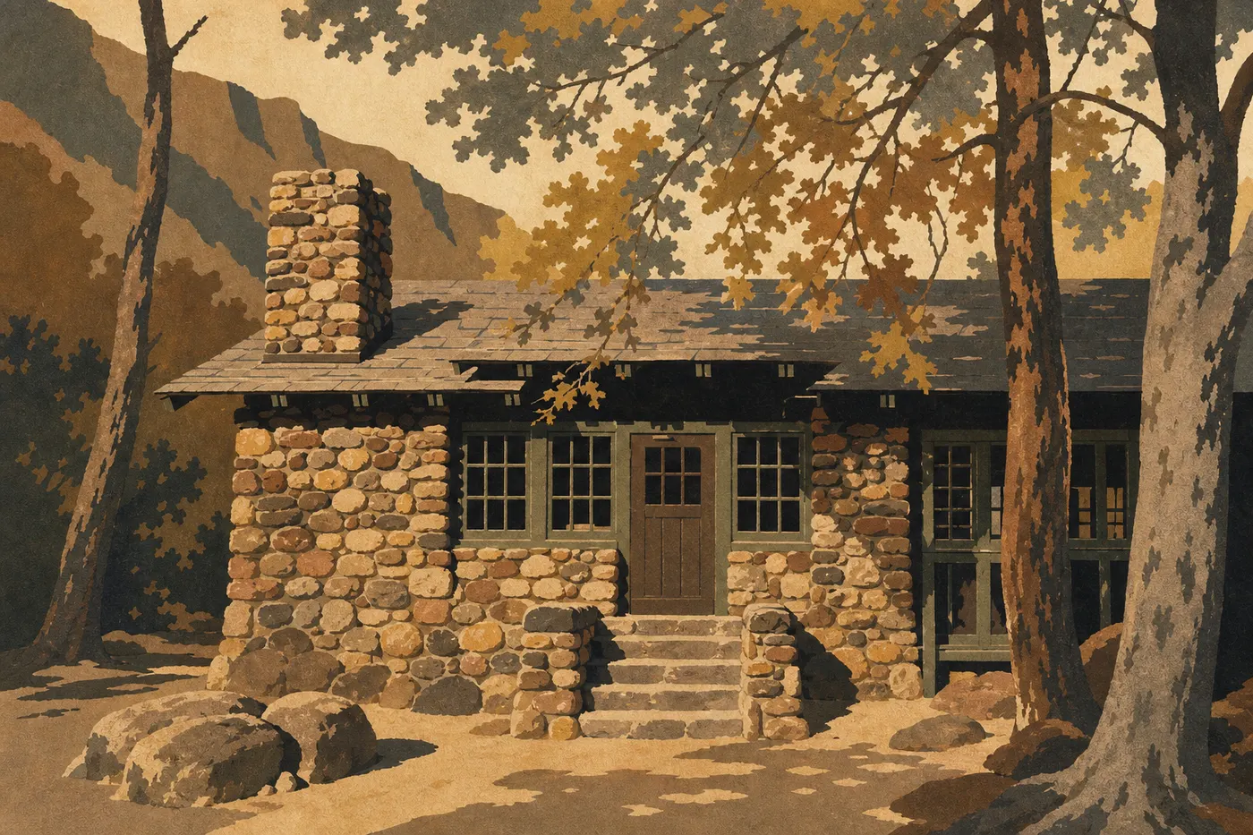 Illustration sérigraphiée : Les cabanes de pierre de Phantom Ranch reposent au fond du canyon parmi les peupliers.