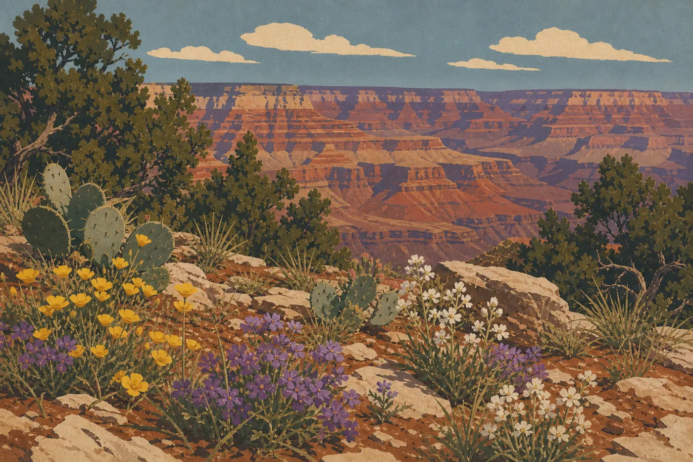 Screen-printed illustration: Spring wildflowers color the canyon rim among cacti and junipers.