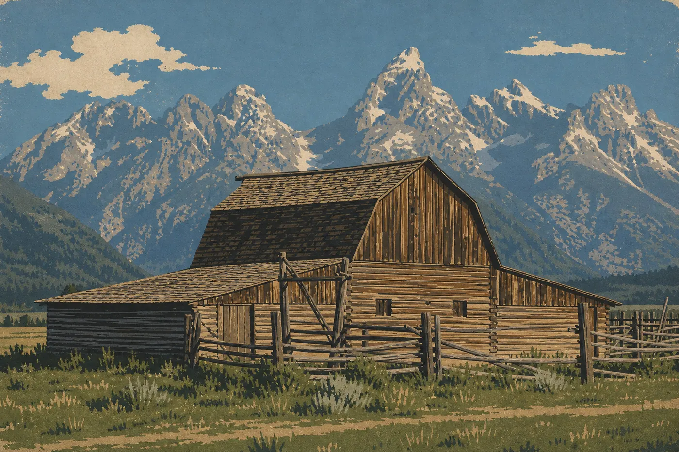 Illustration sérigraphiée : Mormon Row et la plaine d'Antelope Flats