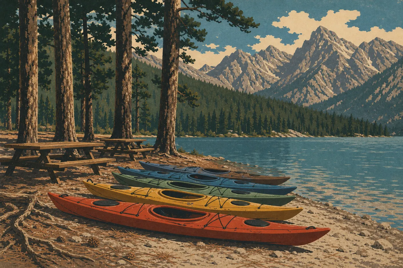 Illustration sérigraphiée : Kayak, canoë et bateau