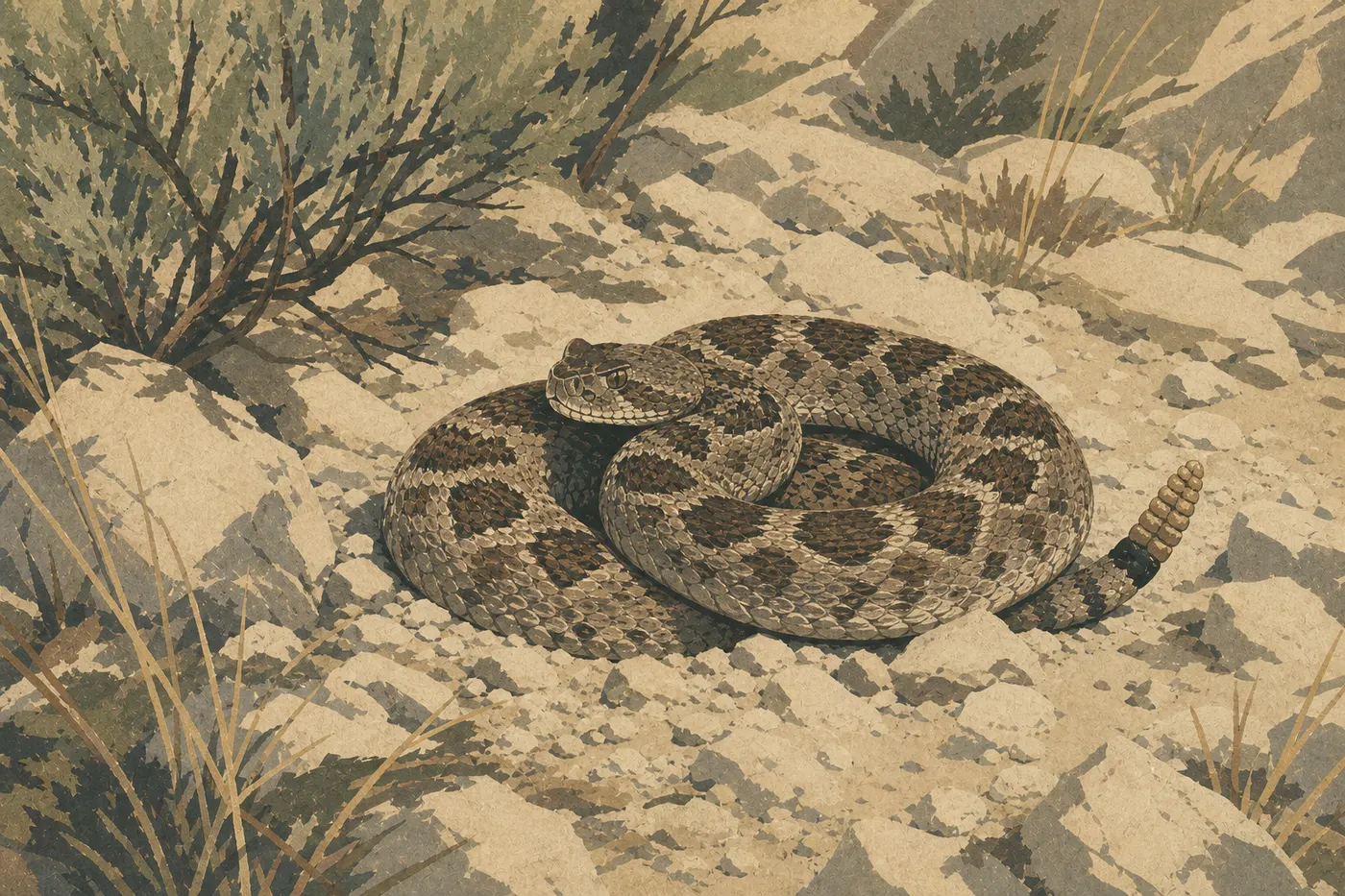 Screen-printed illustration: Great Basin Rattlesnake (Crotalus oreganus lutosus)