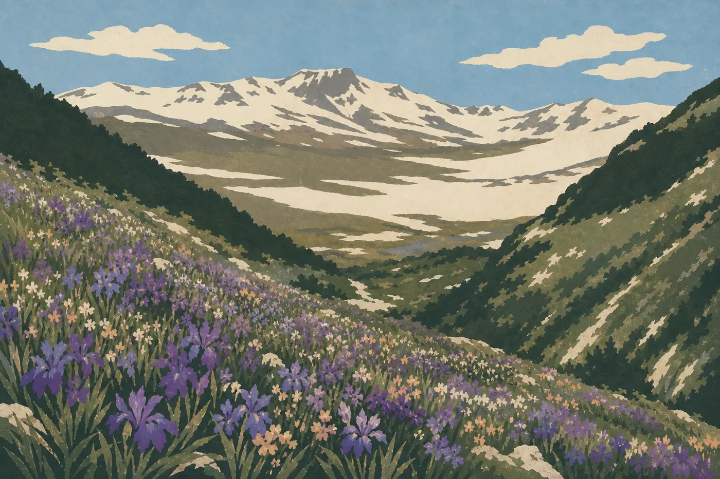 Screen-printed illustration: Spring (March–May): A Slow Awakening