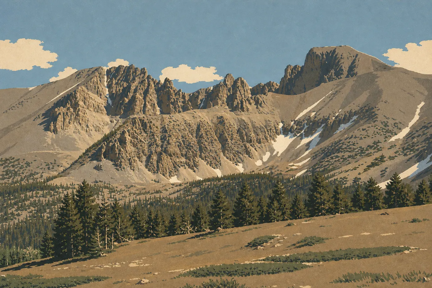 Illustration sérigraphiée : Wheeler Peak et le glacier : la montée à 3 982 m
