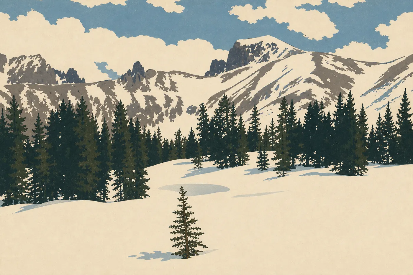 Screen-printed illustration: Winter (November–March): Solitude and Stars