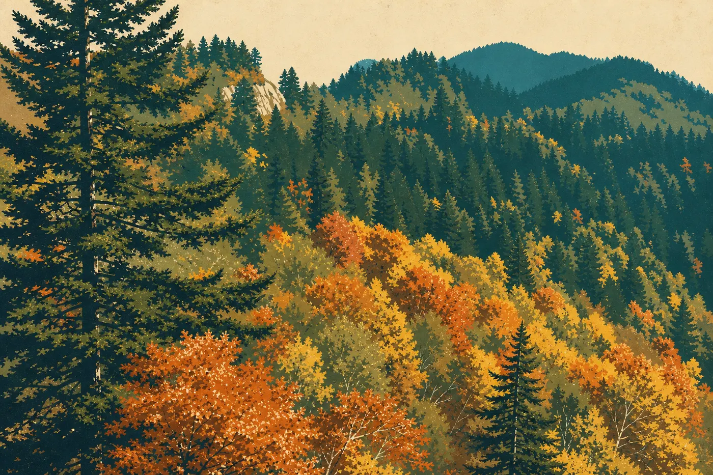 Illustration sérigraphiée : Les forêts d'automne flamboyantes entourent le belvédère de Newfound Gap et ses montagnes bleues lointaines.