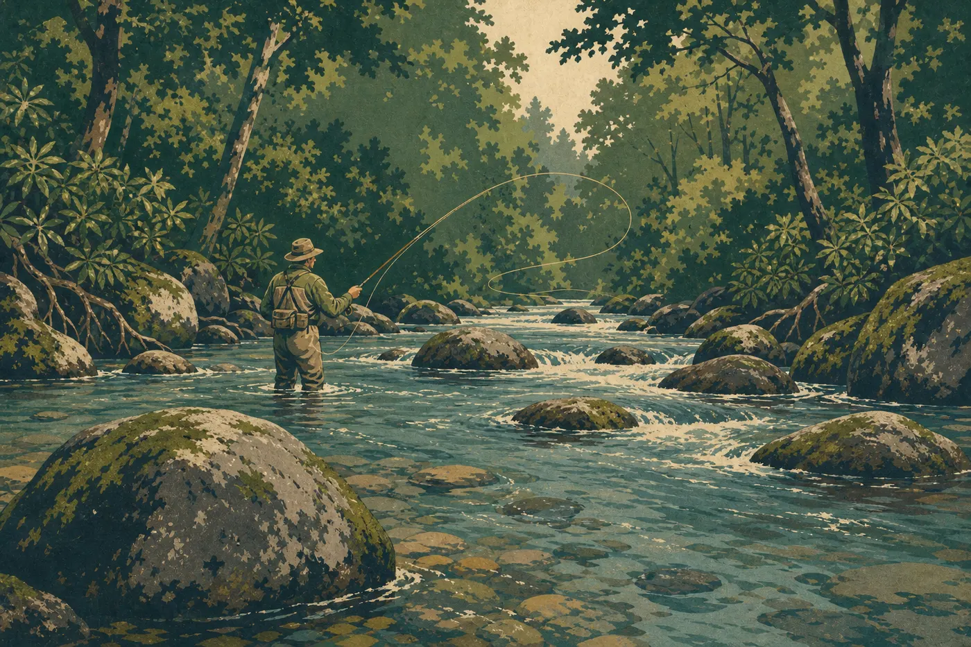 Illustration sérigraphiée : Un pêcheur à la mouche se tient dans Little River entre blocs rocheux et rhododendrons.