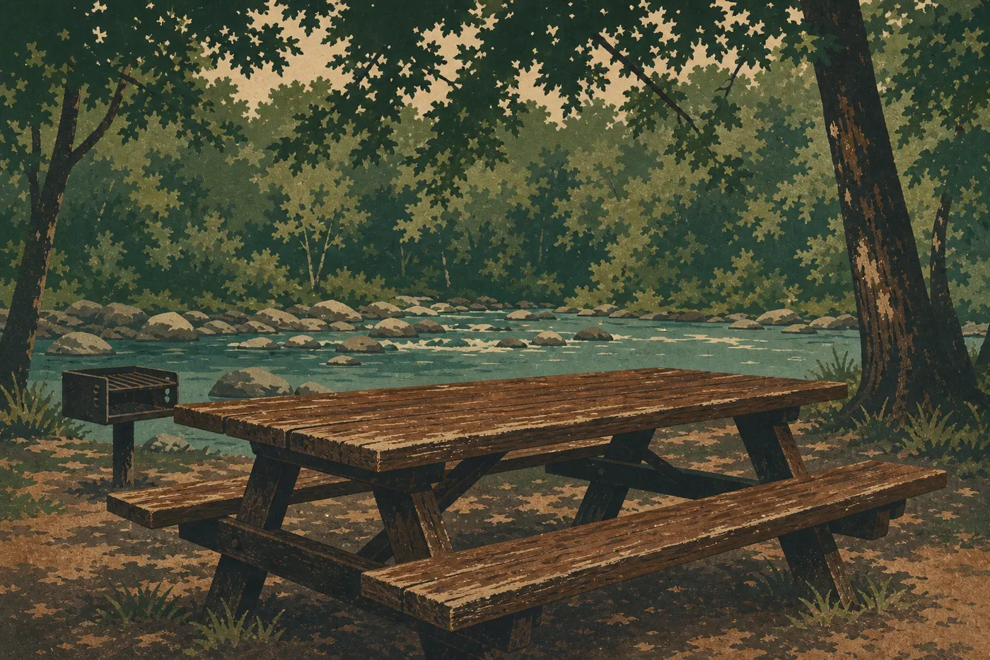 Illustration sérigraphiée : Une table de pique-nique de Metcalf Bottoms borde Little River sous une canopée fraîche et ombragée.