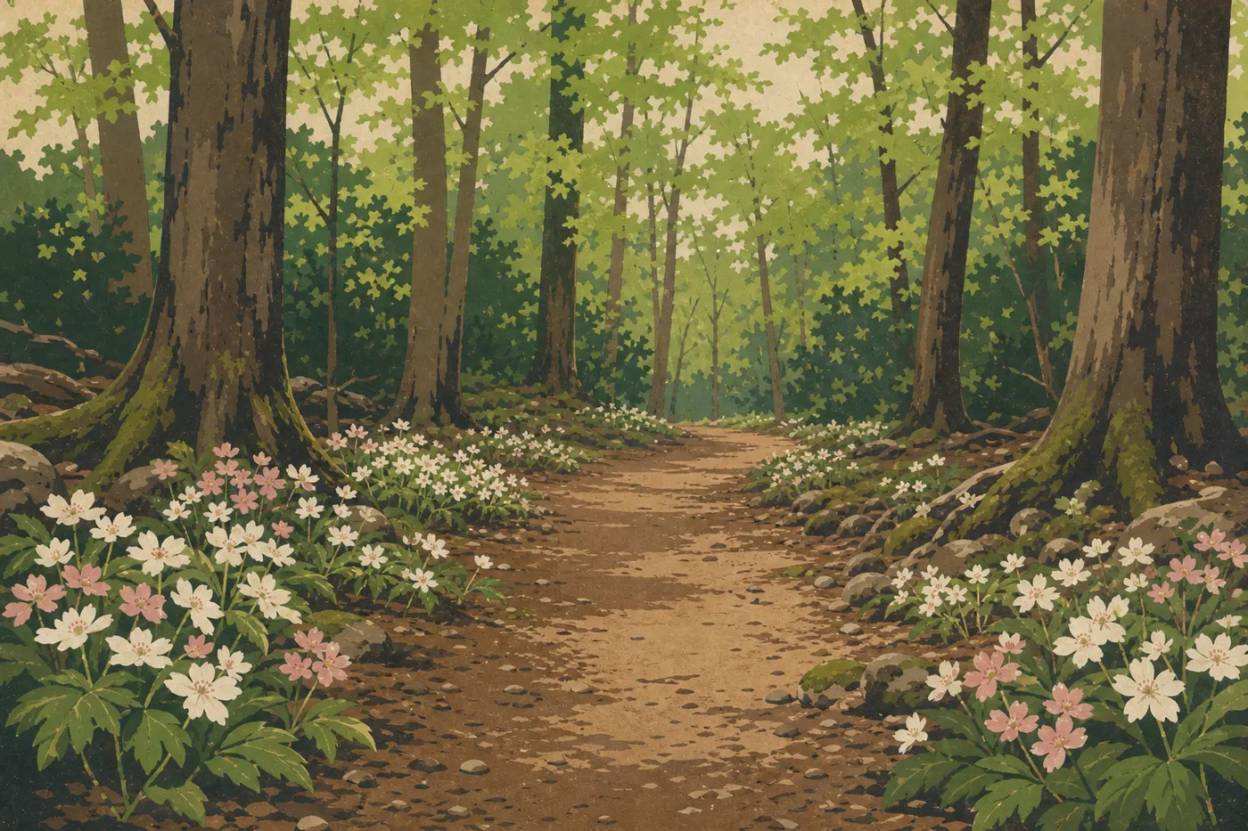 Screen-printed illustration: Spring wildflowers line Porters Creek Trail beneath a fresh green canopy.