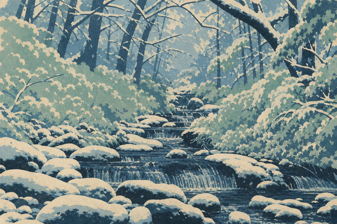 Screen-printed illustration: Snow covers Newfound Gap and highlights dark branches beneath a cold Appalachian sky.