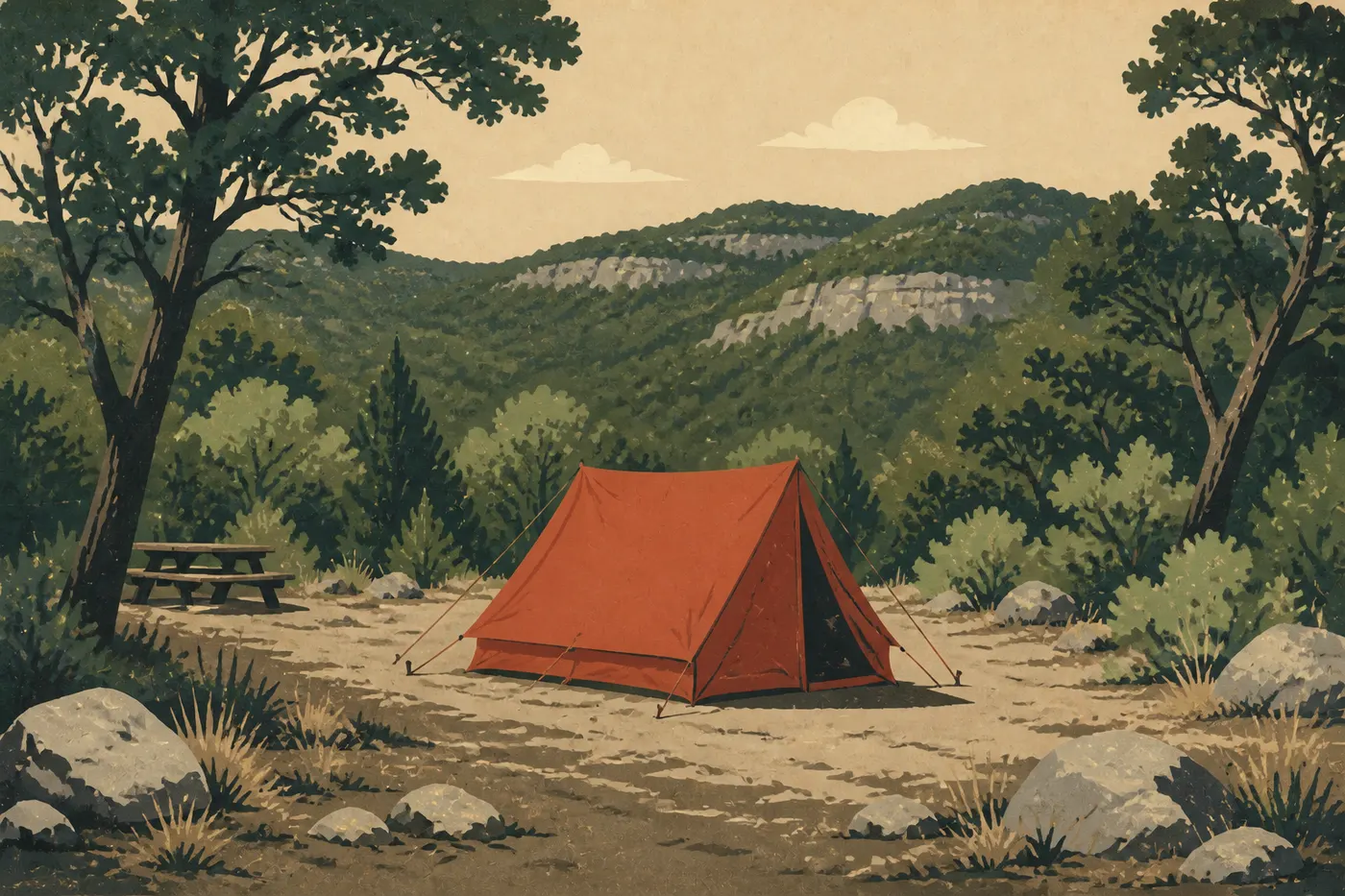 Illustration sérigraphiée : Une tente solitaire se dresse parmi les chênes et genévriers de Dog Canyon Campground au pied des crêtes.