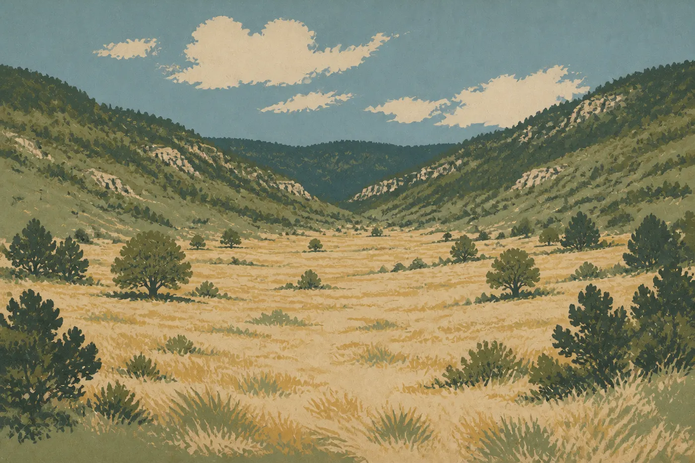Illustration sérigraphiée : La clairière isolée de Dog Canyon s'étend sous les crêtes boisées du nord des Guadalupe Mountains.