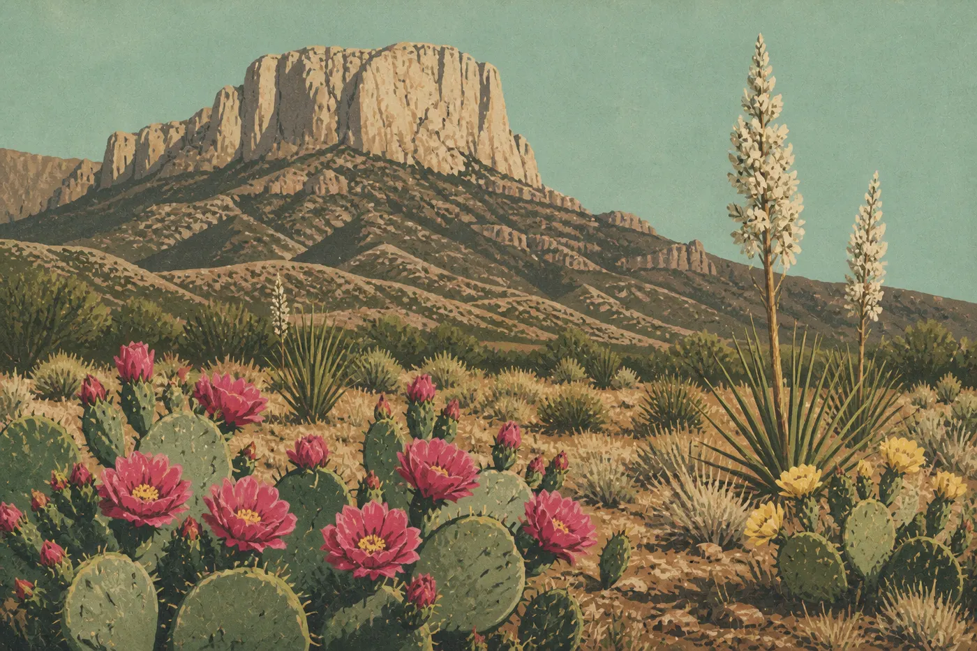 Screen-printed illustration: Cactus and yucca flowers dot the spring desert before El Capitan.