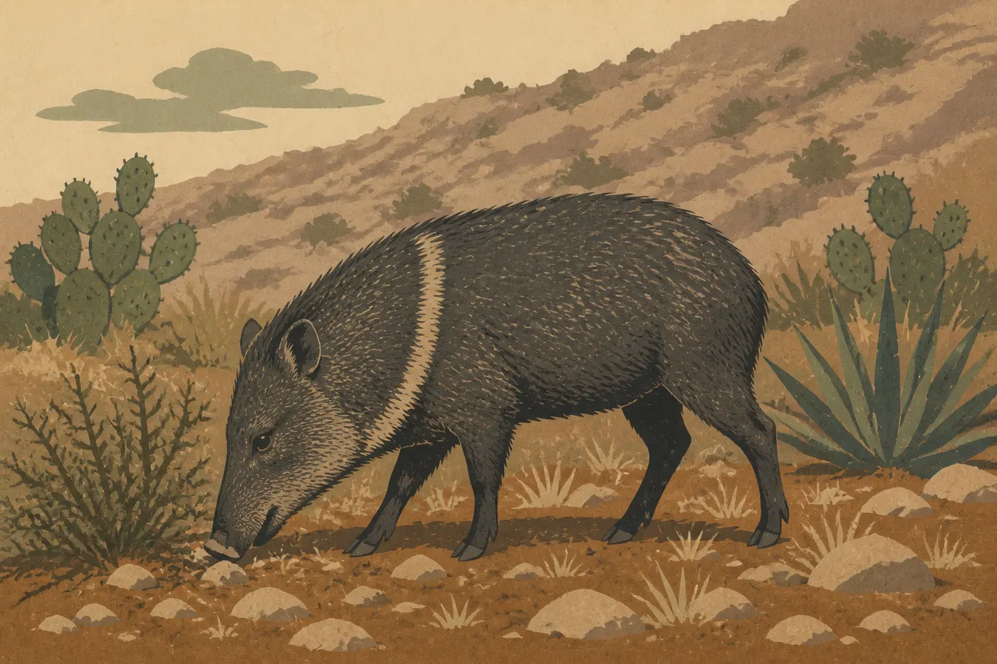 Illustration sérigraphiée : Un javelina au collier clair fouille les broussailles épineuses du désert de Chihuahua, présenté nettement de profil.