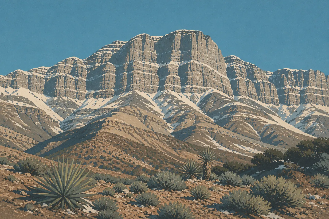 Screen-printed illustration: Guadalupe Peak and the Pine Springs ridges covered with snow beneath a clear winter sky