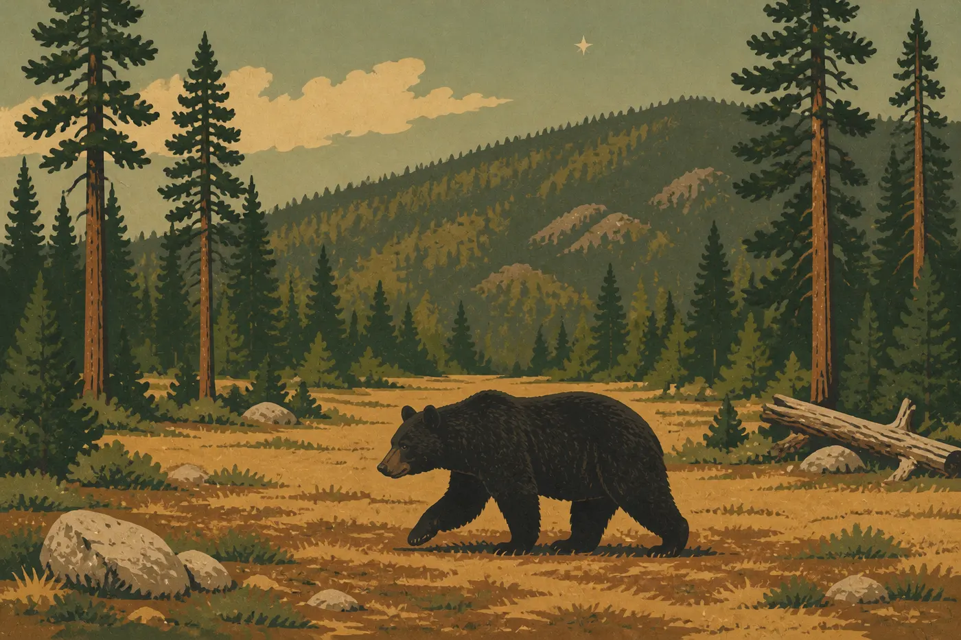 Illustration sérigraphiée : Un ours noir traverse une clairière de montagne bordée de pins dans les hauteurs du parc.