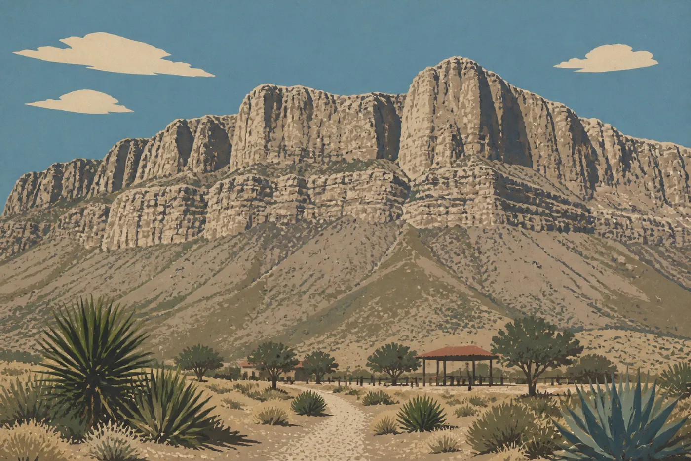 Illustration sérigraphiée : Guadalupe Peak et les falaises du récif dominent les yuccas et le départ des sentiers de Pine Springs.