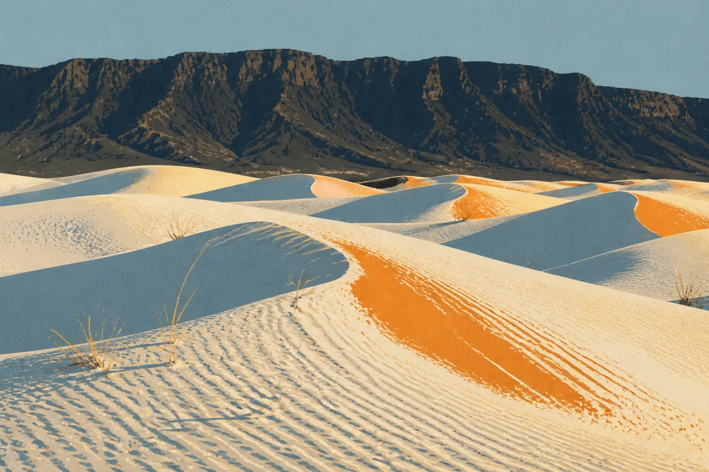 Illustration sérigraphiée : Les dunes blanches de gypse de Salt Basin ondulent devant l'escarpement des Guadalupe au soleil couchant.