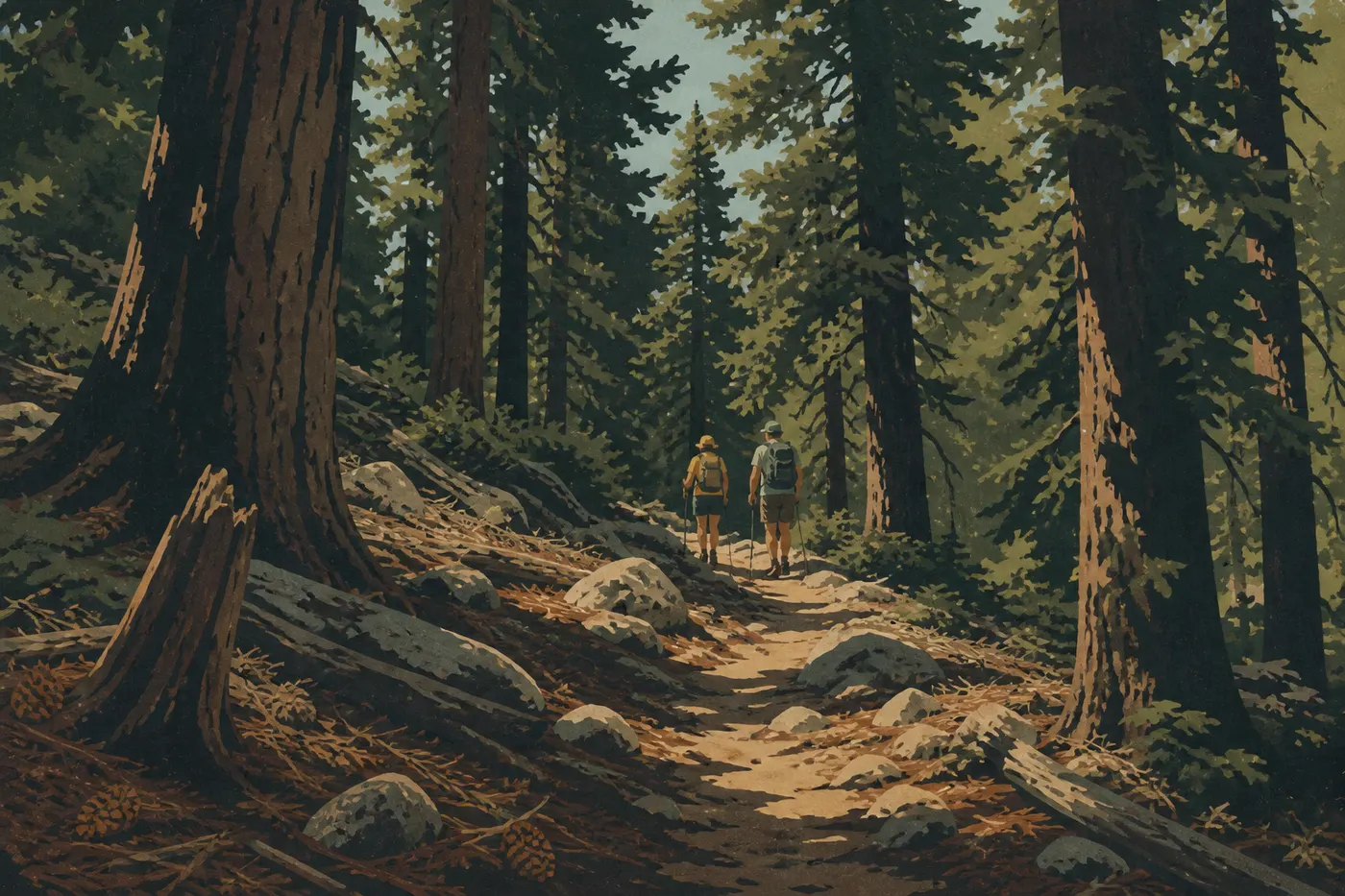 Screen-printed illustration: Hikers move through the cool pine forest of The Bowl, far from the summer desert heat.
