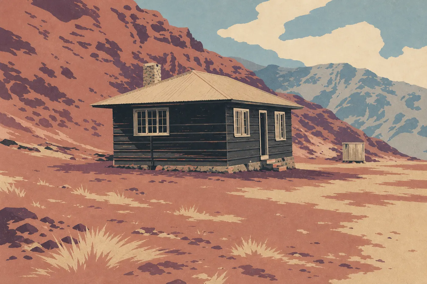 Illustration sérigraphiée : Cabane rustique de Hōlua isolée dans la lande du cratère, au pied du rempart de Koʻolau Gap