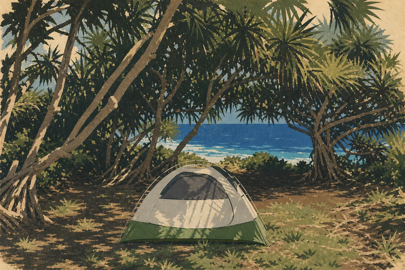 Illustration sérigraphiée : Tente installée sur l’herbe de Hosmer Grove Campground entre lande indigène et forêt humide