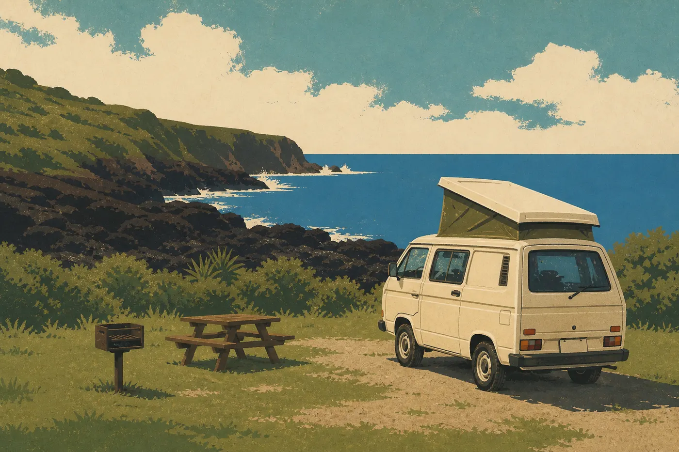 Illustration sérigraphiée : Petit véhicule de camping stationné sur un emplacement de Kīpahulu Campground face aux falaises océaniques