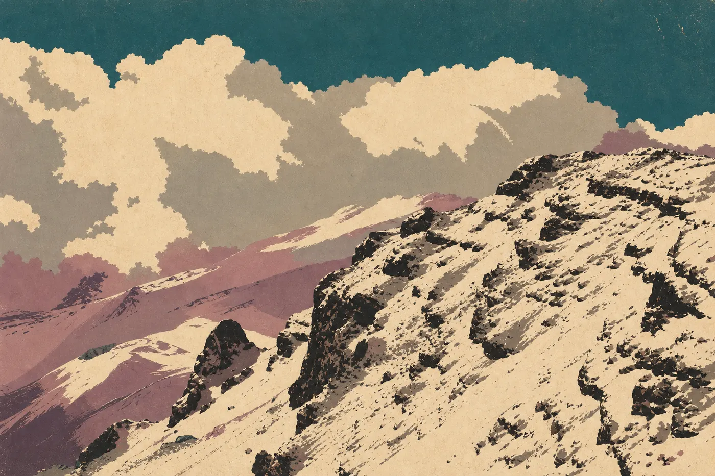 Illustration sérigraphiée : Neige hivernale couvrant les cônes de cendres du cratère sous un ciel froid et lumineux
