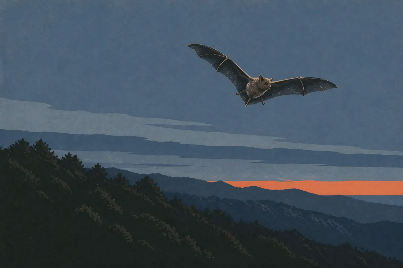 Screen-printed illustration: ʻŌpeʻapeʻa in flight at dusk before the wooded slopes of eastern Haleakalā.