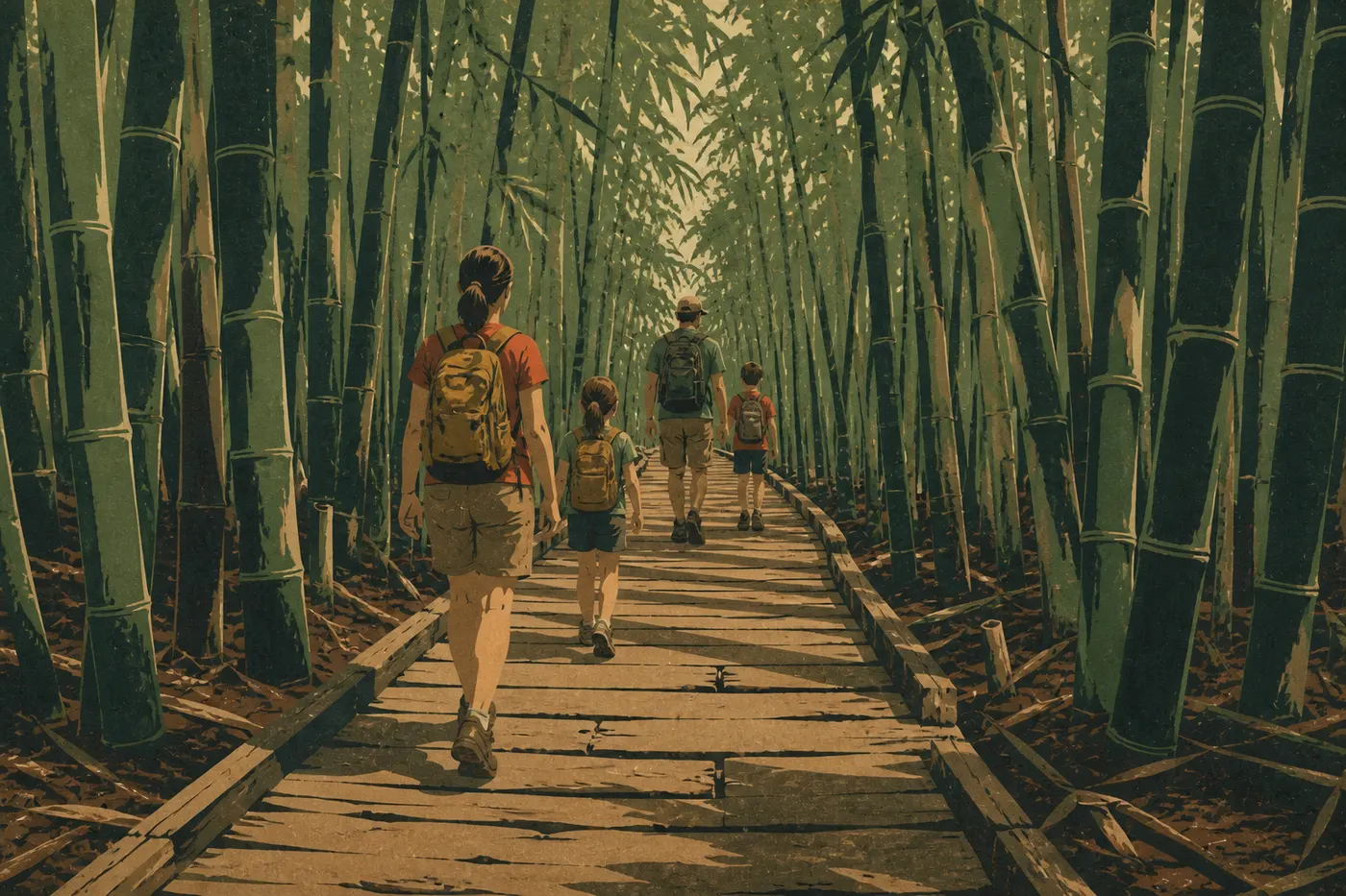 Illustration sérigraphiée : Parents et enfants avançant sur les passerelles du Pīpīwai Trail au cœur de la bambouseraie