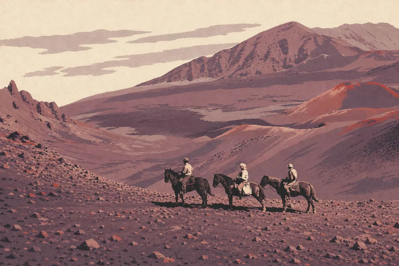 Illustration sérigraphiée : Randonneurs descendant Keoneheʻeheʻe Trail dans le désert de cendres multicolores et ses cônes volcaniques