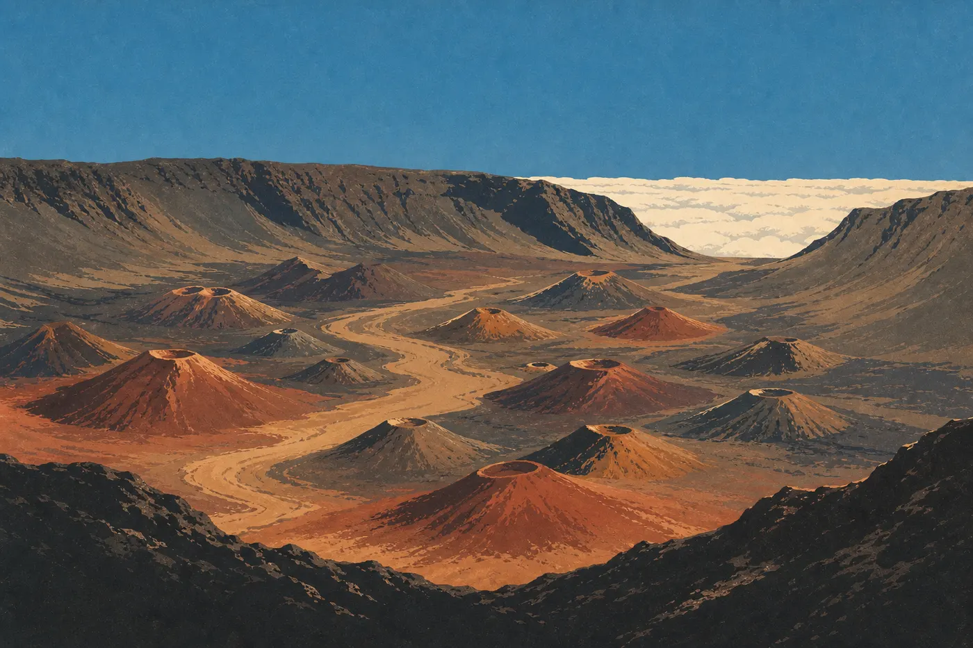 Screen-printed illustration: Sharply defined crater beneath a summer-blue sky, with a sea of clouds below Koʻolau Gap.