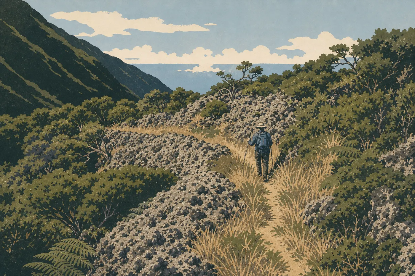 Illustration sérigraphiée : Marcheurs traversant le cratère entre Keoneheʻeheʻe Trail et Halemauʻu Trail sous les remparts volcaniques