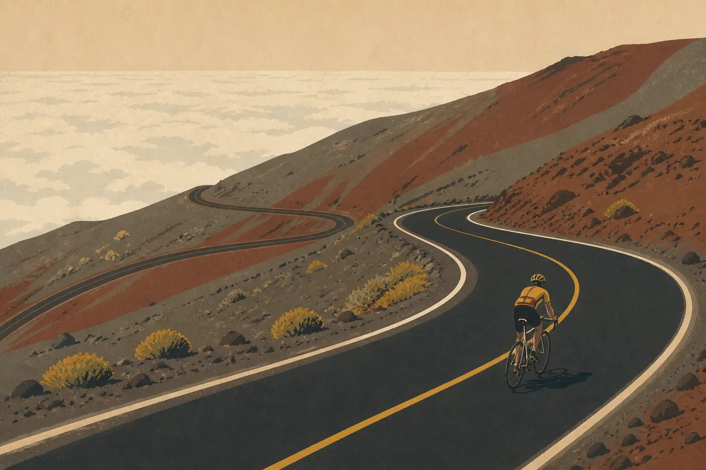 Screen-printed illustration: Cyclist on Crater Road among bare switchbacks, with an ocean of clouds below.