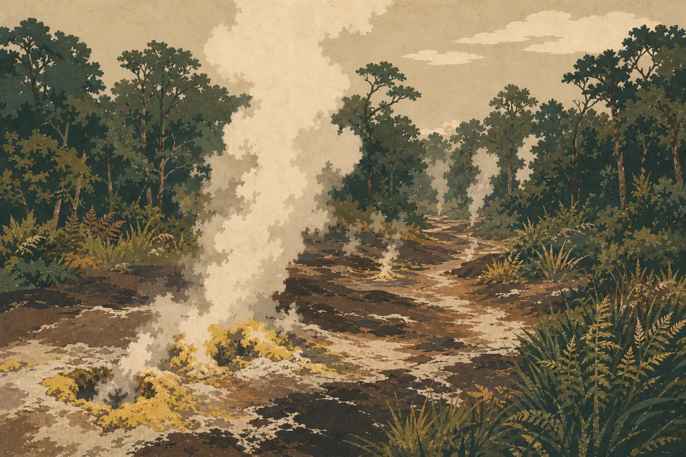 Screen-printed illustration: Fumaroles at Sulphur Banks wind through the wet forest in soft autumn light.