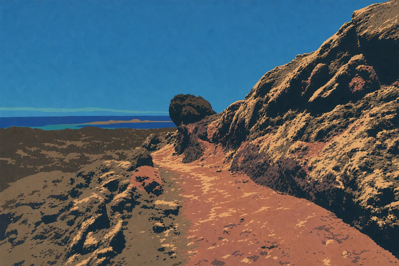 Screen-printed illustration: The sunlit lava cliffs of Hōlei rise above the blue Pacific in summer.