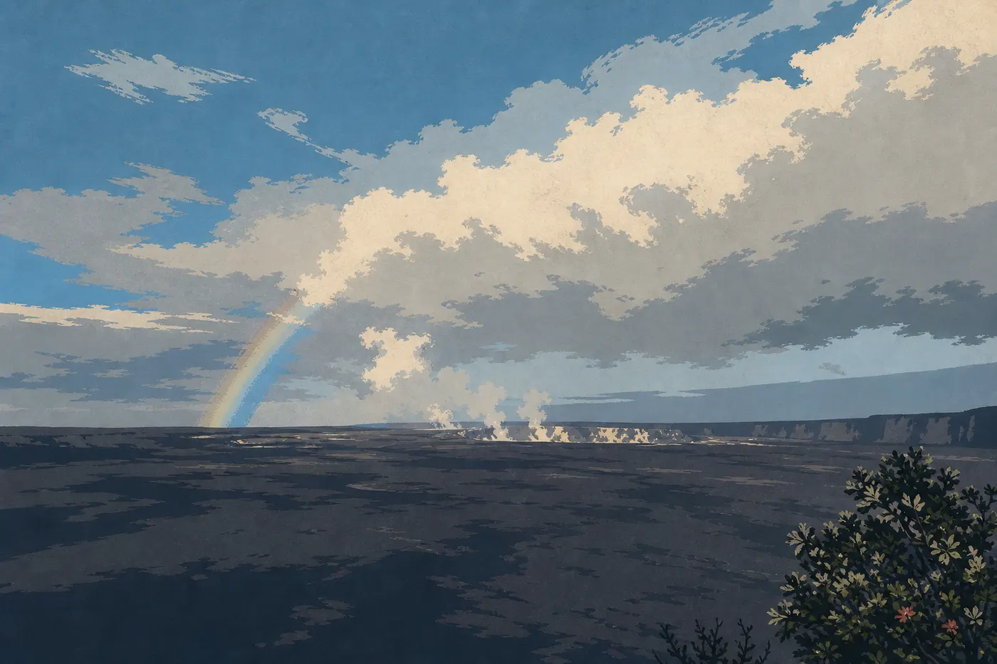 Screen-printed illustration: Kīlauea caldera beneath low clouds, rain, and a winter rainbow.