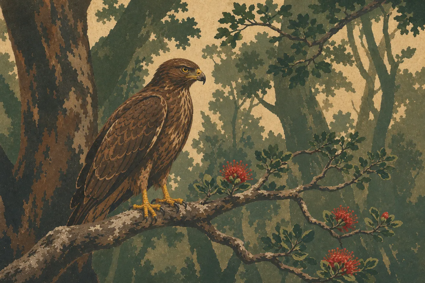 Illustration sérigraphiée : Un ʻio, faucon hawaïen endémique, observant la forêt depuis une branche d ʻōhiʻa.