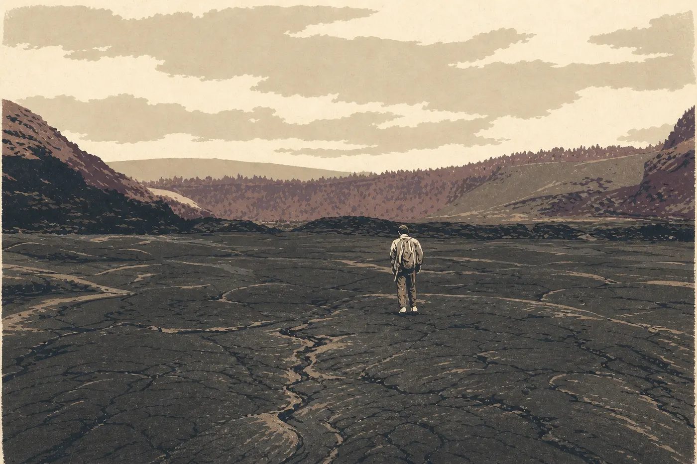 Illustration sérigraphiée : Des randonneurs traversant le lac de lave solidifié au fond du cratère Kīlauea Iki.