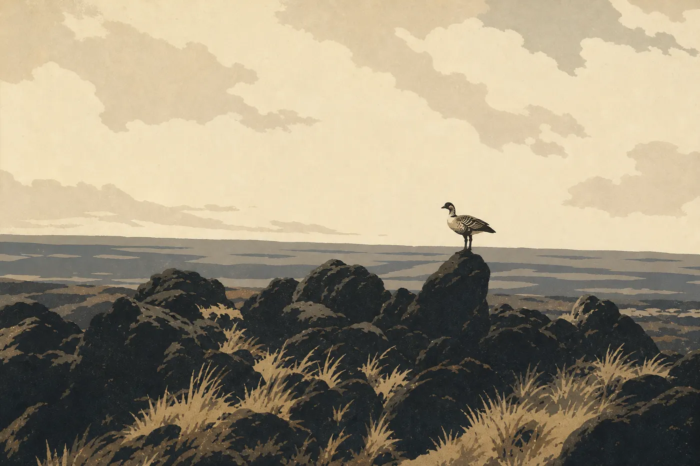Illustration sérigraphiée : Un nēnē marchant parmi les herbes et les roches volcaniques près du sommet du Kīlauea.