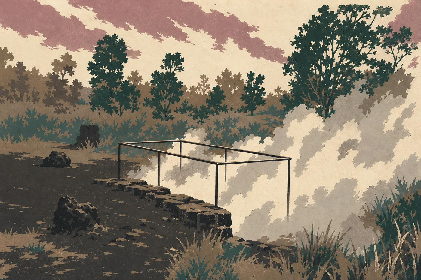 Illustration sérigraphiée : Les Steam Vents enveloppés de brume sous un ciel changeant au sommet du Kīlauea.