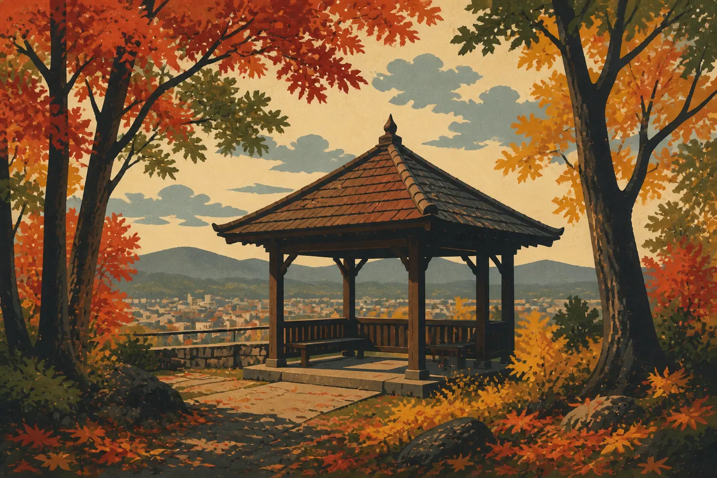 Illustration sérigraphiée : Feuillages rouges et dorés entourant Hot Springs Mountain Pagoda avec les Ouachita au loin