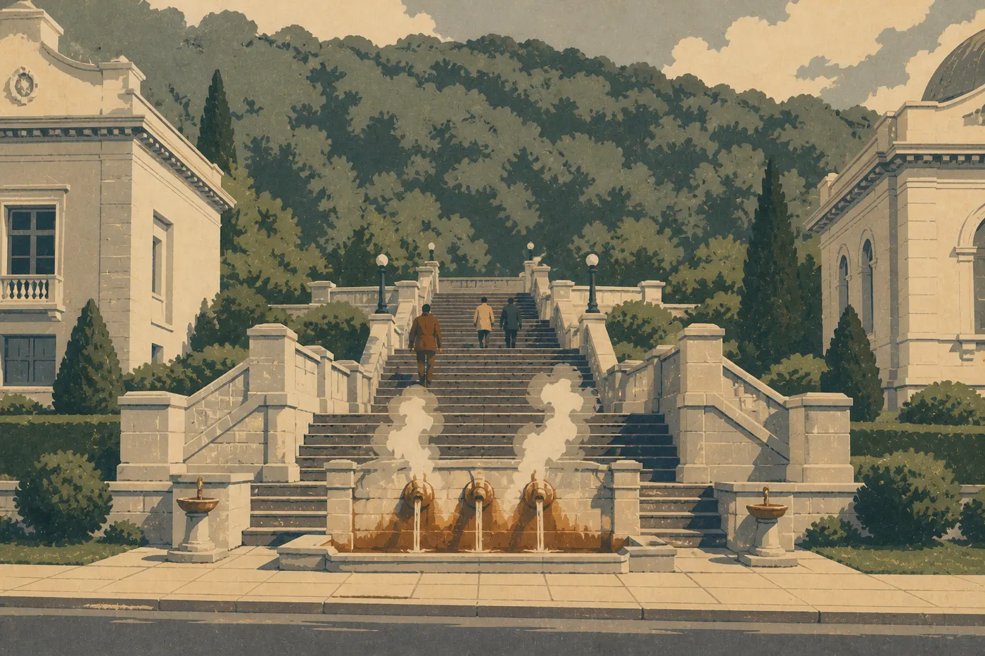 Illustration sérigraphiée : Ancienne entrée monumentale du parc et fontaines fumantes entre les thermes Maurice et Fordyce