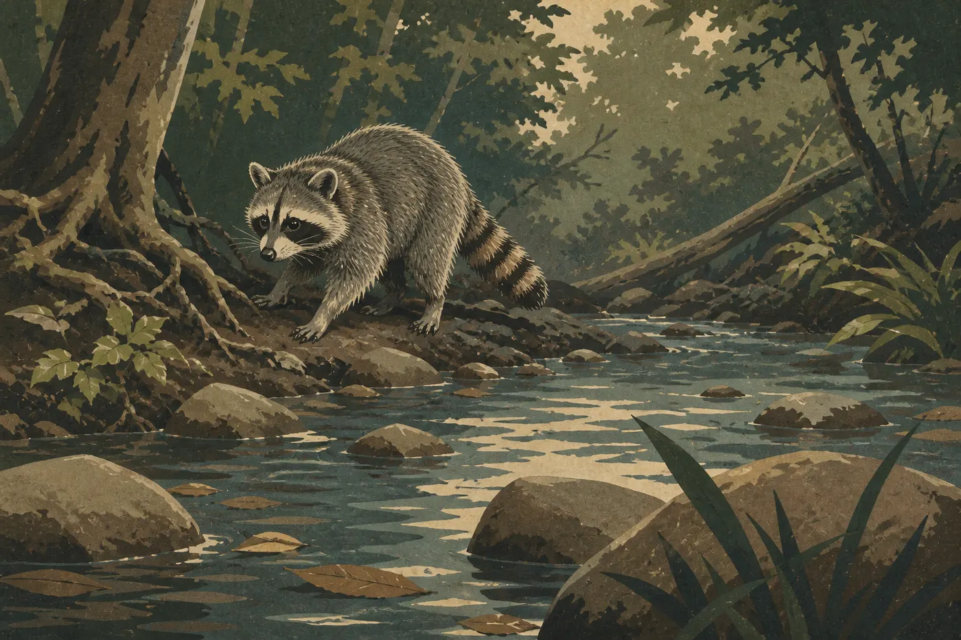 Illustration sérigraphiée : Raton laveur au masque noir avançant près d’un ruisseau boisé du parc