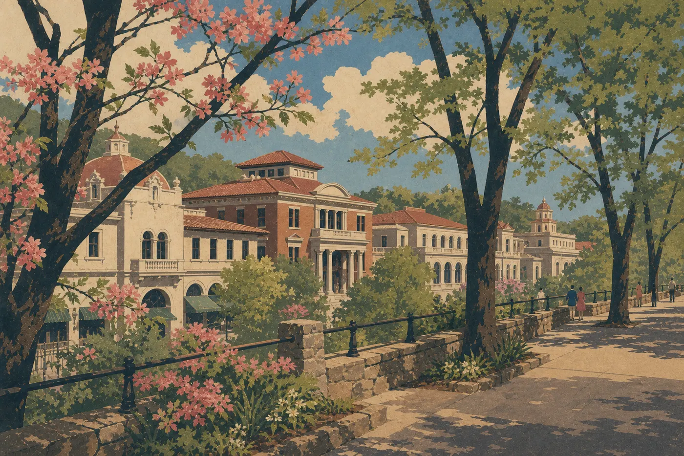 Screen-printed illustration: Spring blooms framing the promenade and historic facades of Bathhouse Row