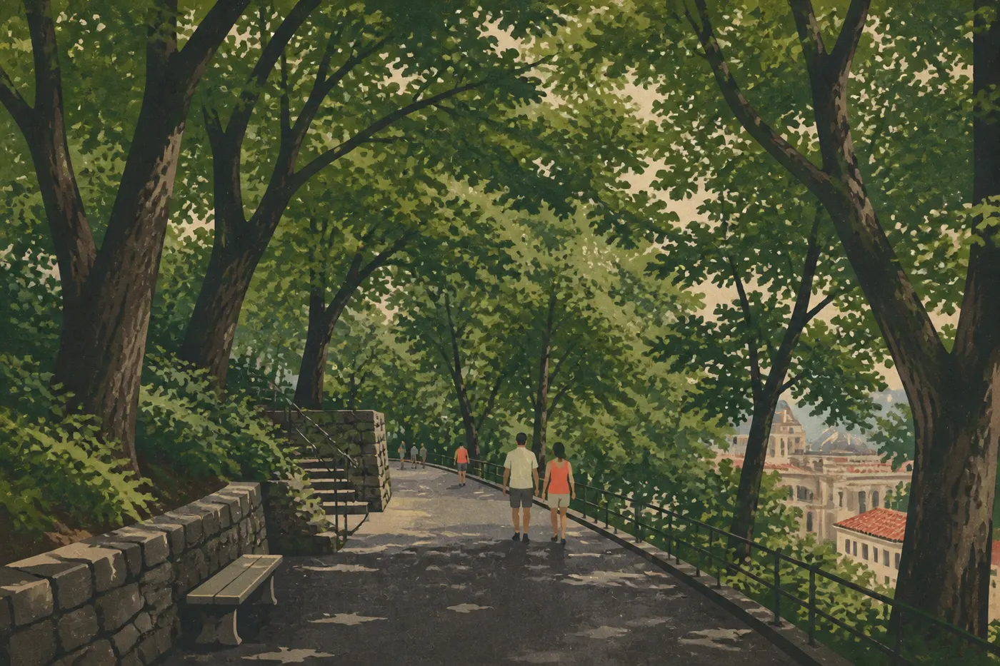 Screen-printed illustration: Dense summer canopy shading the paved Grand Promenade in humid weather