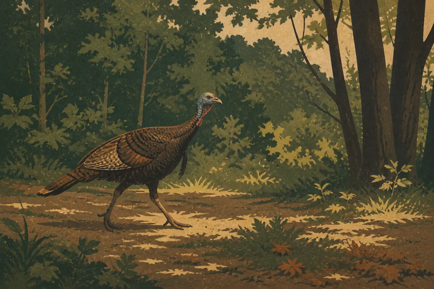 Illustration sérigraphiée : Dindon sauvage traversant une clairière forestière au pied de Hot Springs Mountain