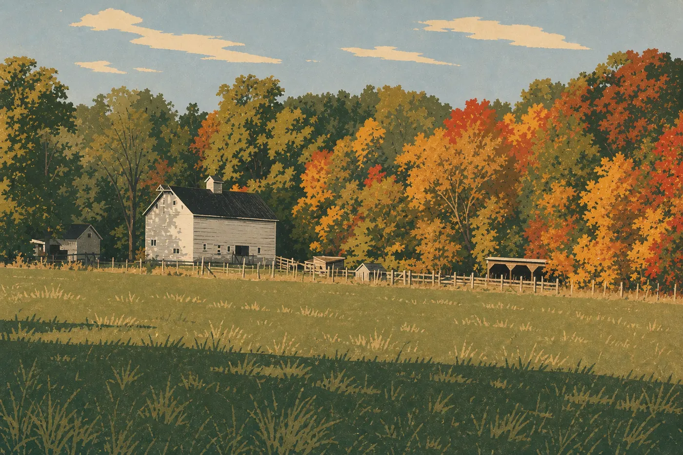 Illustration sérigraphiée : Les érables rouges et dorés entourent Chellberg Farm au sommet des couleurs automnales.